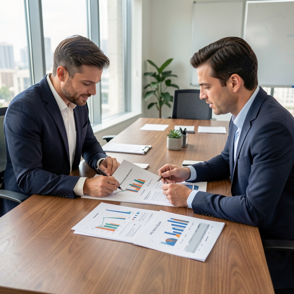 Dos profesionales revisando planillas de balance impresas y gráficos financieros sobre una mesa de reuniones