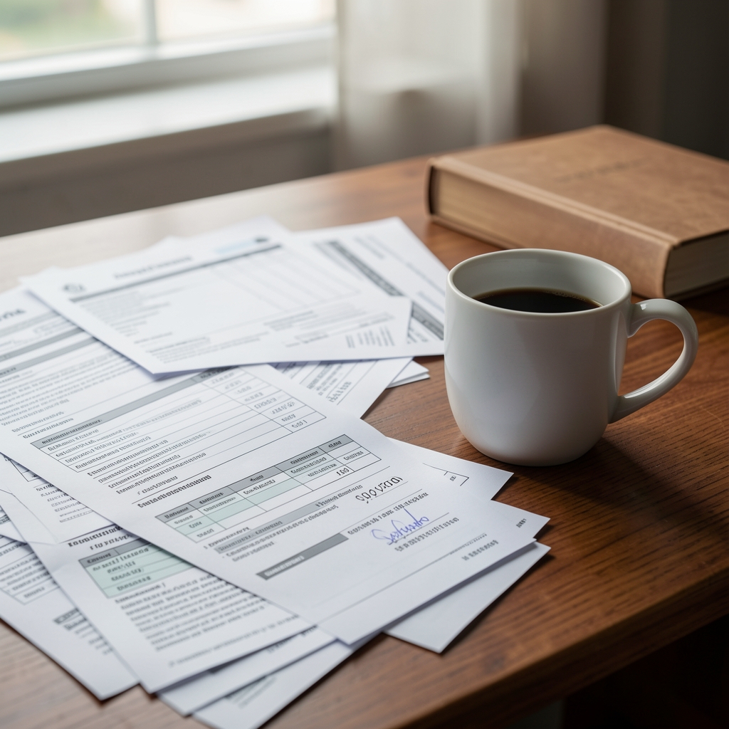 Escritorio con facturas y comprobantes desordenados junto a una taza de café, representando errores de registración contable