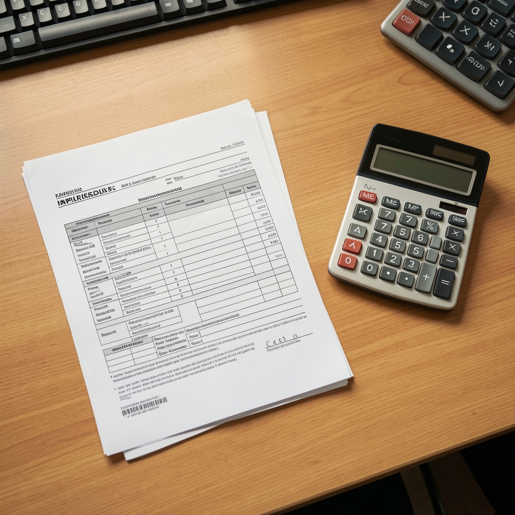 Formularios de impuestos impresos y una calculadora sobre una mesa de oficina, vista desde arriba