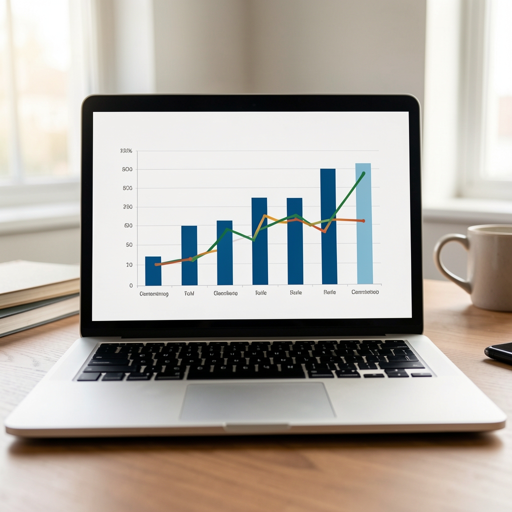 Gráfico de barras y líneas de rendimiento financiero mostrado en la pantalla de una laptop sobre un escritorio
