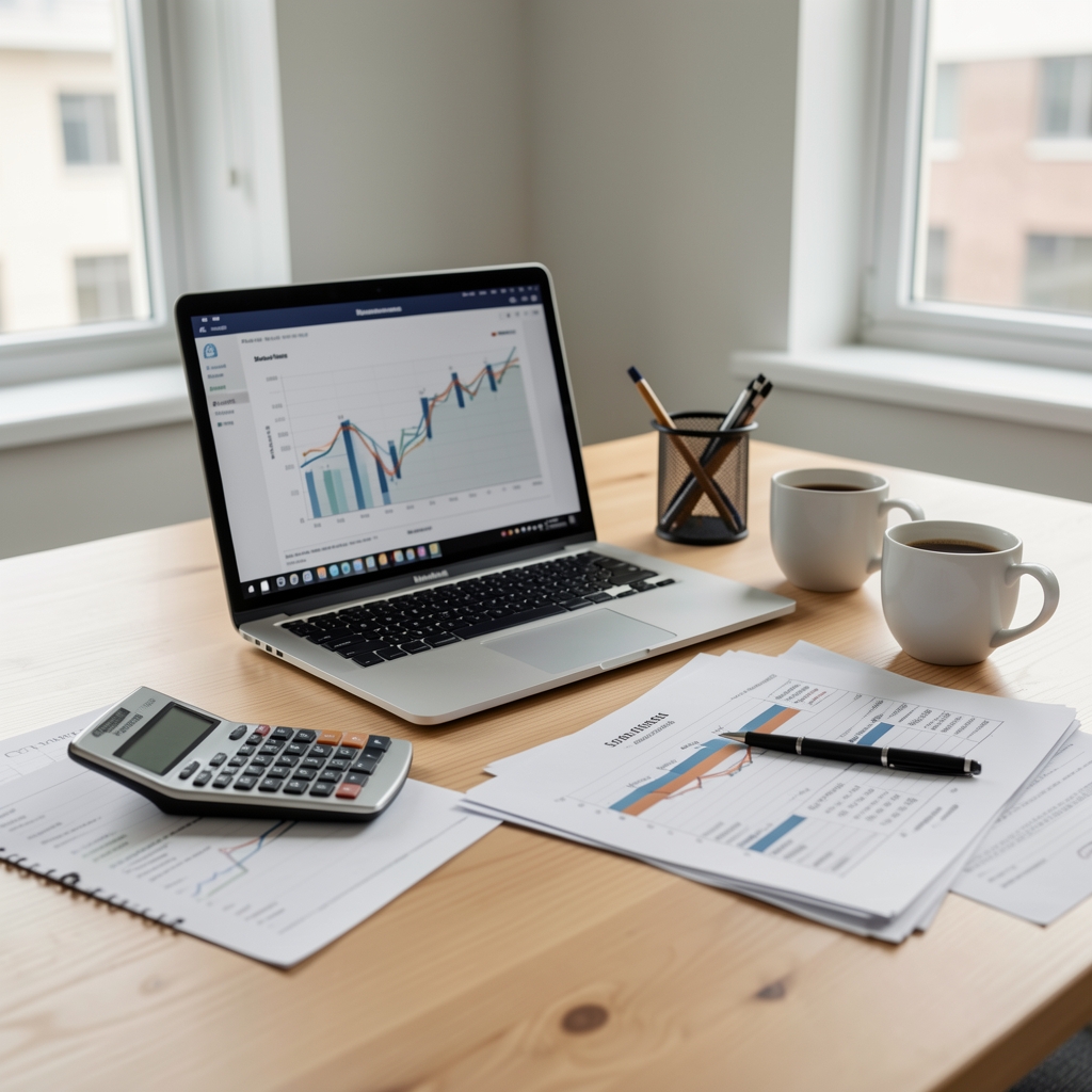 Escritorio de oficina contable en Buenos Aires con laptop, calculadora, balances impresos y tazas de café sobre mesa de madera clara