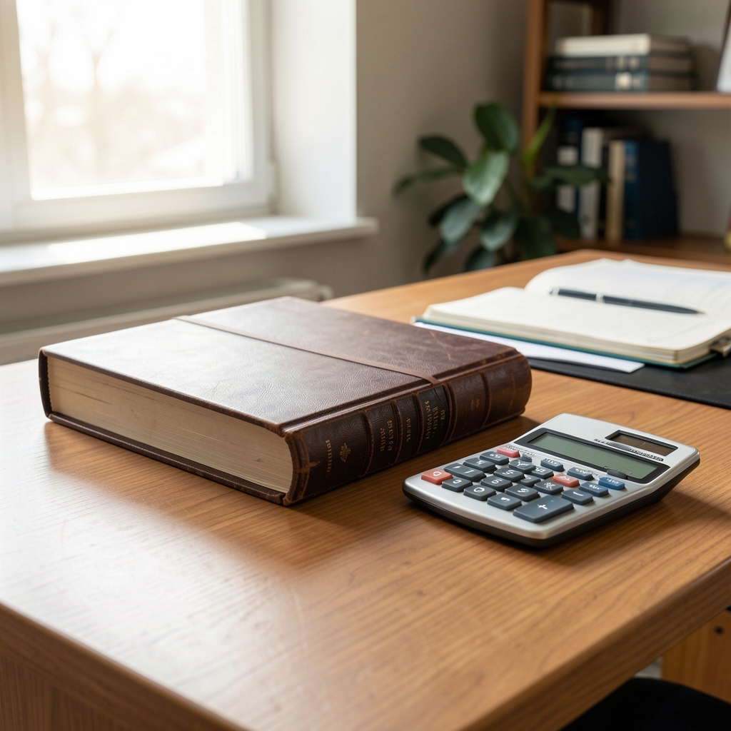 Libros contables encuadernados y una calculadora sobre un escritorio de oficina con luz natural