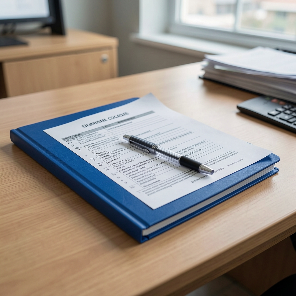 Carpeta azul con hojas de normas contables y un bolígrafo sobre un escritorio de oficina