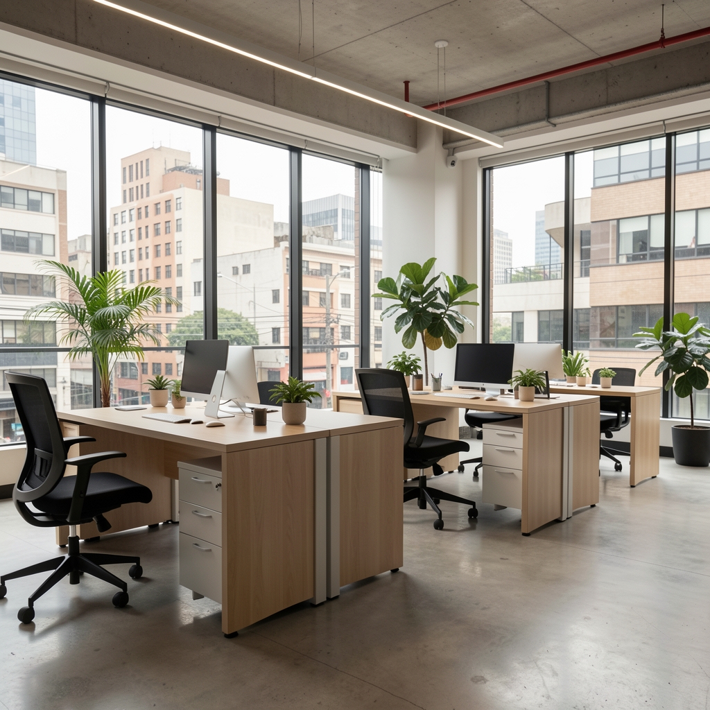 Interior de oficina moderna con escritorios de madera clara, plantas y grandes ventanales en el microcentro de Buenos Aires